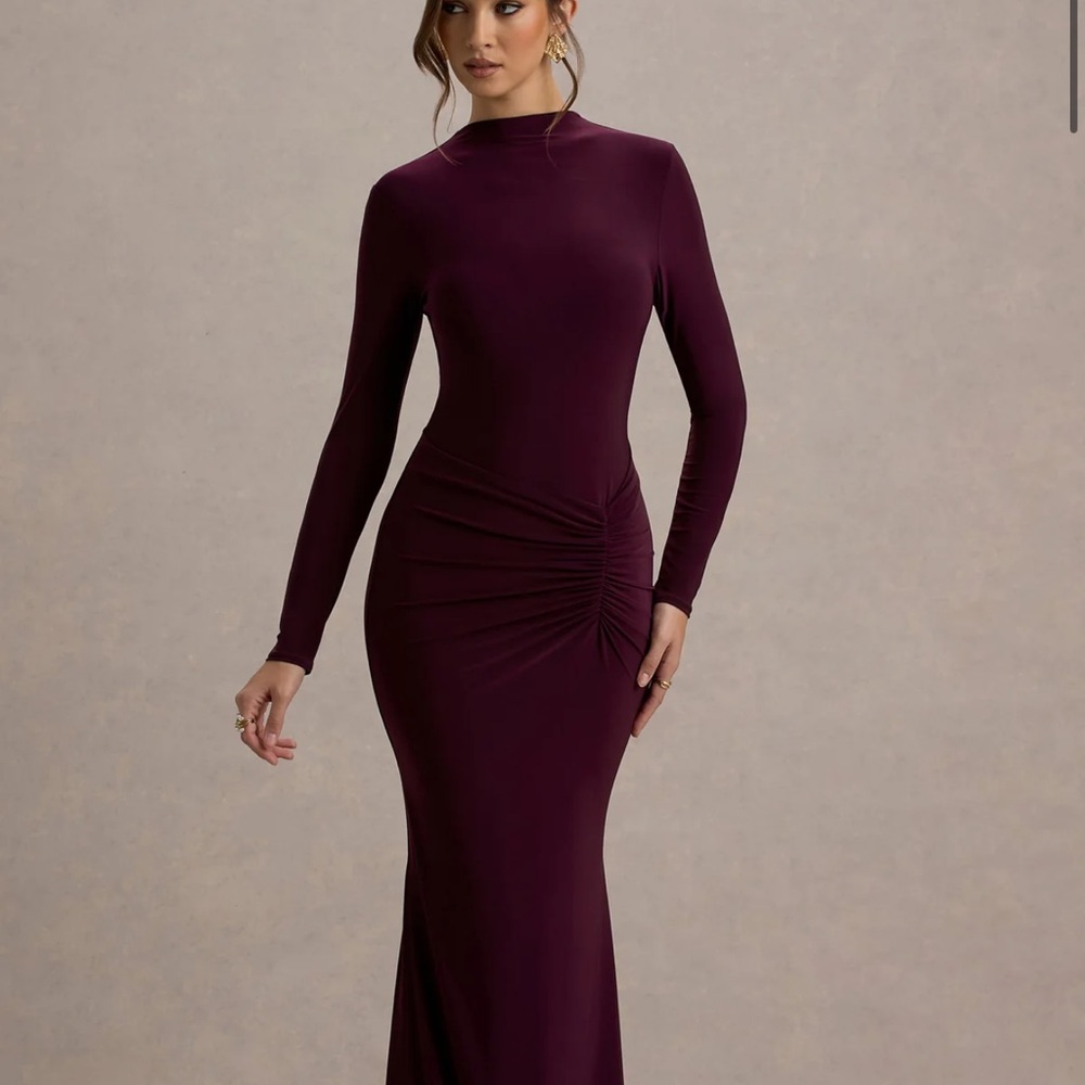 Club L London Long Sleeve Ruched Maxi Dress in Plum